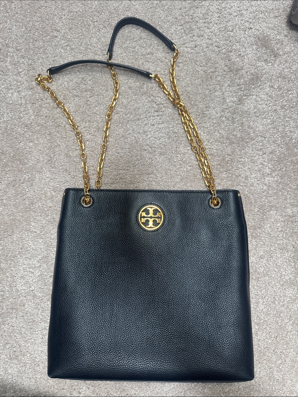 Tory Burch Black Pebbled Leather Tote with Gold Chain Trim